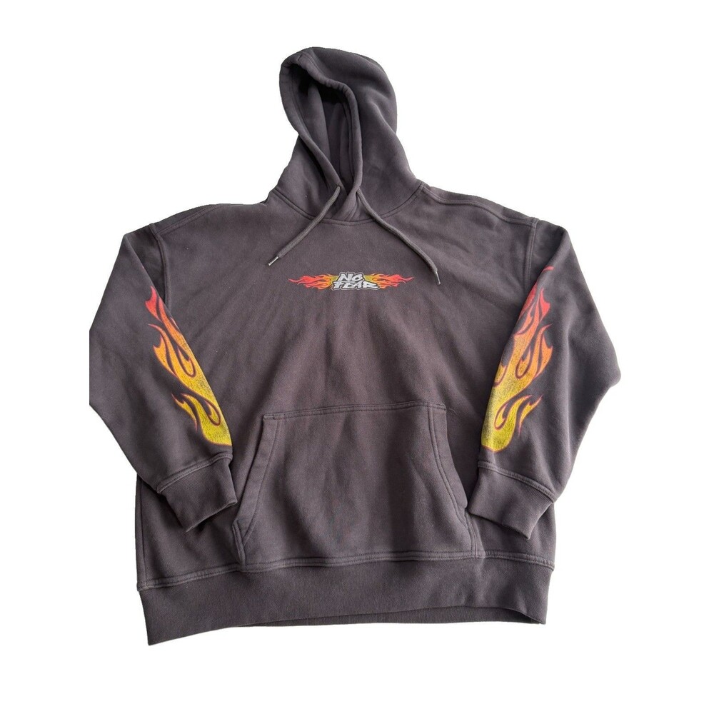 Vintage No Fear Hoodie Sweatshirt Extra Small Black Flames Faded Y2K Baggy Fit